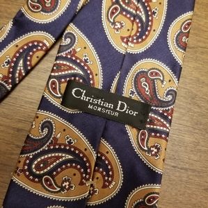 Christian Dior Monsieur 100% Silk Navy Burgundy & Gold Paisley Print Tie